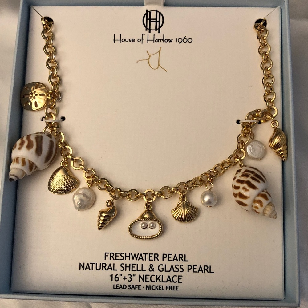 House of Harlow 1960 Gold Tone Freshwater Pearl, Shell & Metal Charm  Necklace - Picture 3 of 16